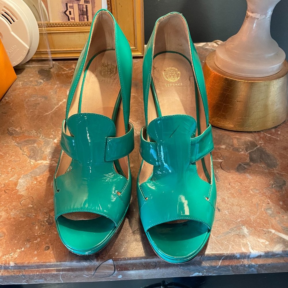 Versace open-toe patent aqua/green pumps heels, ca. 2010, size 10 US/40 IT